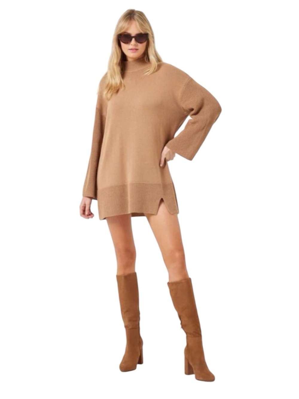 L*Space Lacy Camel Cowl Neck Mini Oversized Tunic Dress SZ XS